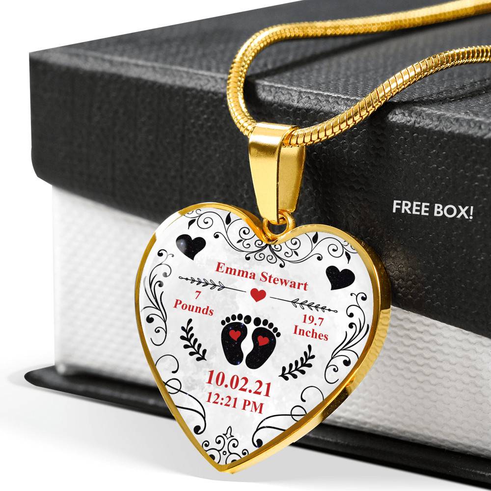 Personalized Baby Stats Heart Pendant Necklace - Bangle - Birth Announcement Gift