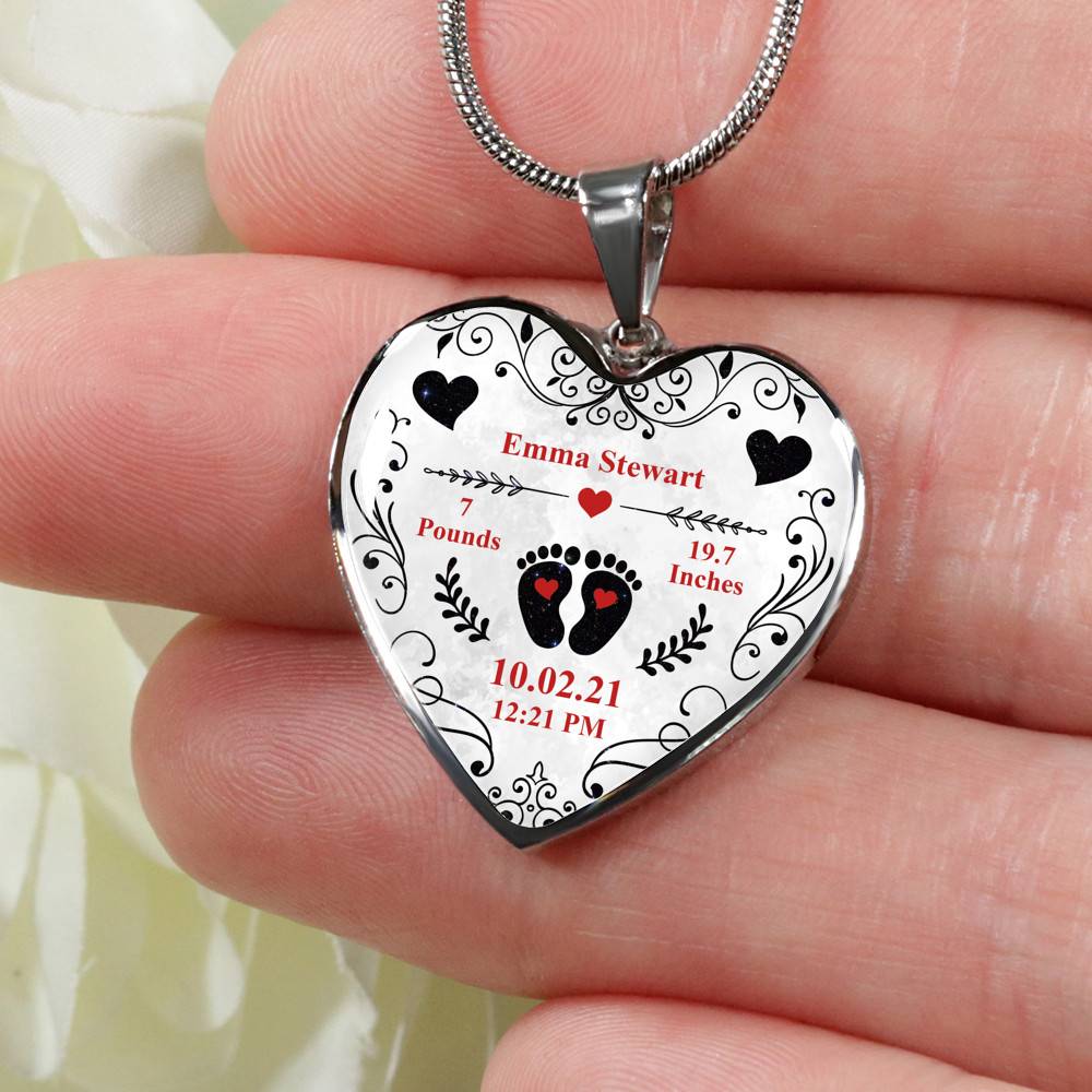 Personalized Baby Stats Heart Pendant Necklace - Bangle - Birth Announcement Gift