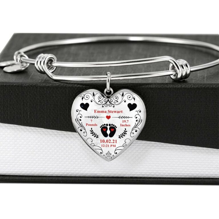 Personalized Baby Stats Heart Pendant Necklace - Bangle - Birth Announcement Gift