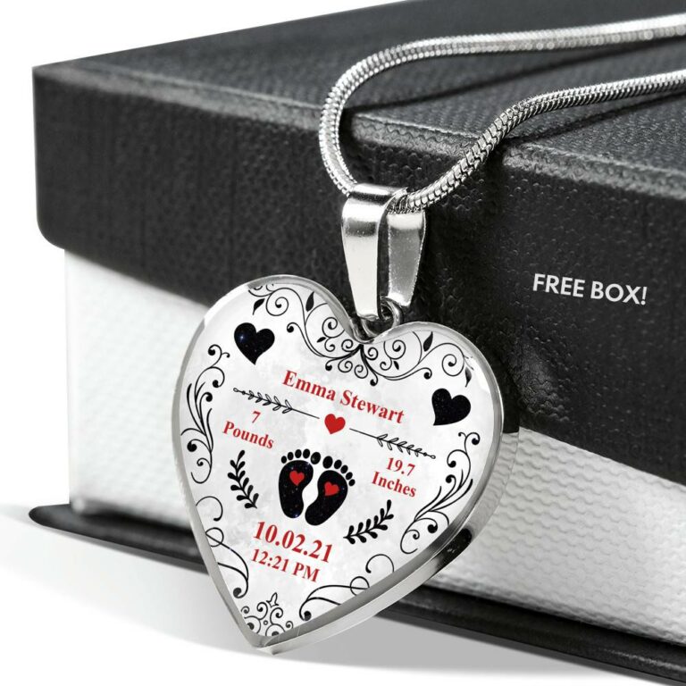 Personalized Baby Stats Heart Pendant Necklace - Bangle - Birth Announcement Gift