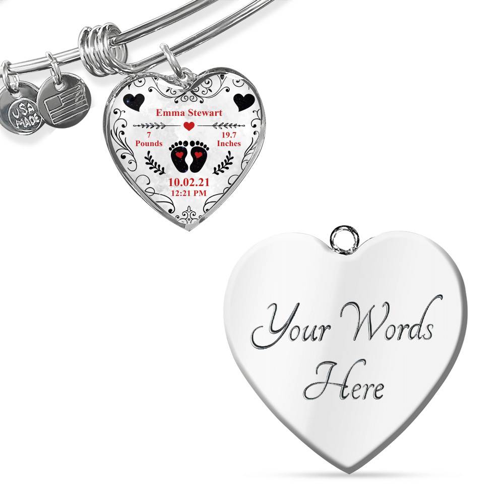 Personalized Baby Stats Heart Pendant Necklace - Bangle - Birth Announcement Gift