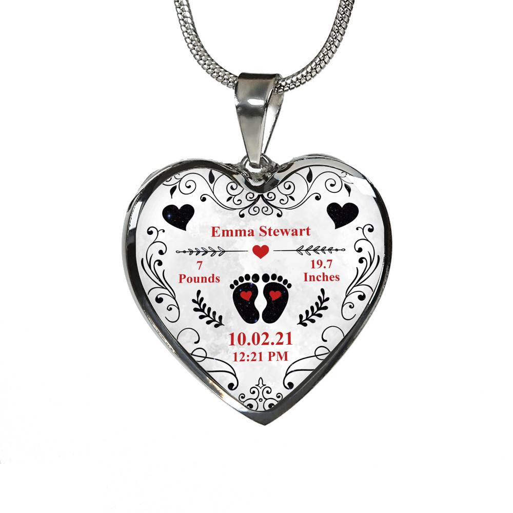 Personalized Baby Stats Heart Pendant Necklace - Bangle - Birth Announcement Gift
