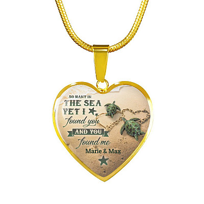 Personalized So Many in the Sea Yet I Found You and You Found Me Turtle Couple Heart Pendant Necklace