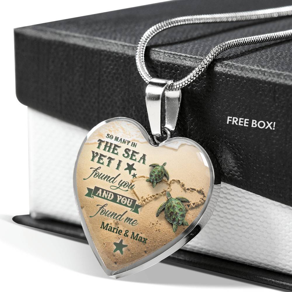 Personalized So Many in the Sea Yet I Found You and You Found Me Turtle Couple Heart Pendant Necklace