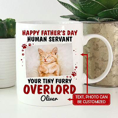 Alternative view of Personalized Photo Happy Father's Day Human Servant Your Tiny Furry Overlord Cat Dad Ceramic Coffee Mug - Water Bottle
