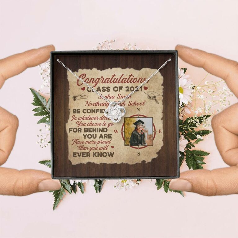 Personalized Photo Graduation Congratulation Wishes Be Confident In Whatever Direction Love Knot Necklace