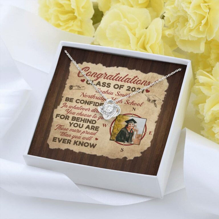 Personalized Photo Graduation Congratulation Wishes Be Confident In Whatever Direction Love Knot Necklace