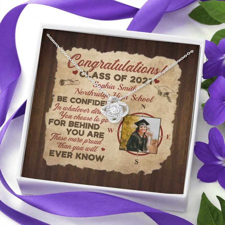 Personalized Photo Graduation Congratulation Wishes Be Confident In Whatever Direction Love Knot Necklace