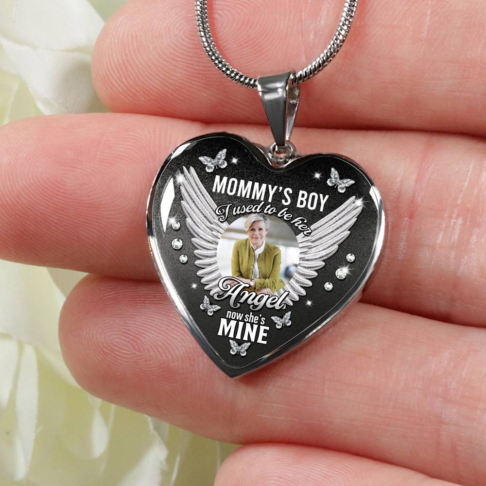 Personalized Photo Mommy Boy's I Used to Be Her Angel Now She Is Mine Memorial Heart Necklace - Bangle - Memorial Gifts