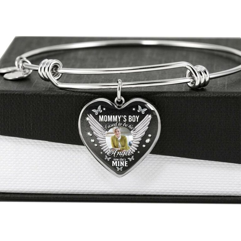 Personalized Photo Mommy Boy's I Used to Be Her Angel Now She Is Mine Memorial Heart Necklace - Bangle - Memorial Gifts