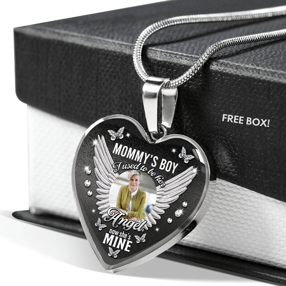 Personalized Photo Mommy Boy's I Used to Be Her Angel Now She Is Mine Memorial Heart Necklace - Bangle - Memorial Gifts