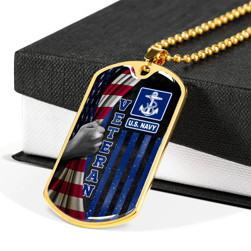 US Navy Veteran American Flag Dog Tag Pendant Necklace - US Navy Vietnam Veteran Gifts