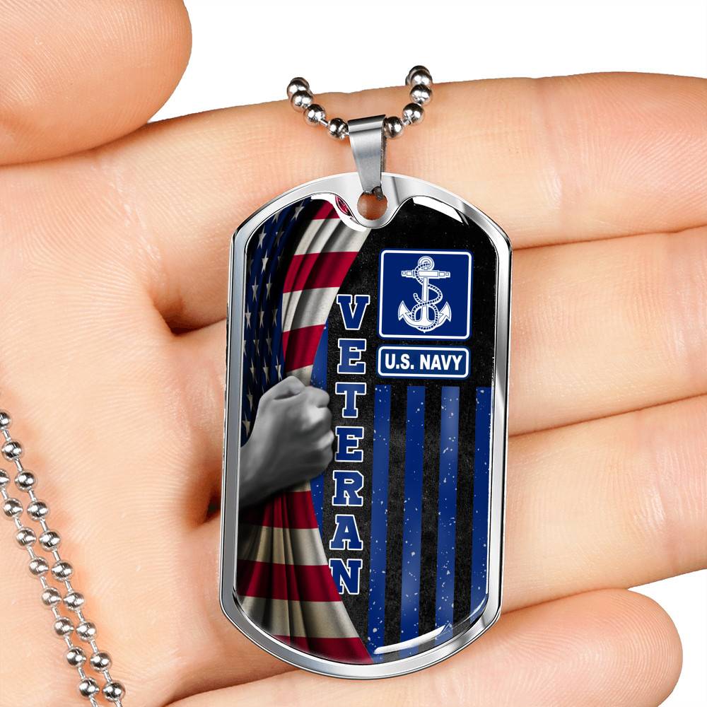 US Navy Veteran American Flag Dog Tag Pendant Necklace - US Navy Vietnam Veteran Gifts