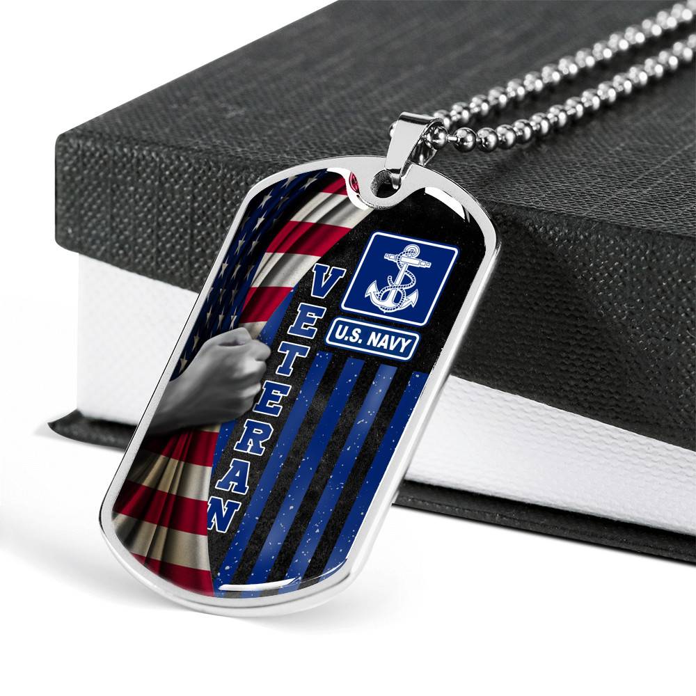 US Navy Veteran American Flag Dog Tag Pendant Necklace - US Navy Vietnam Veteran Gifts