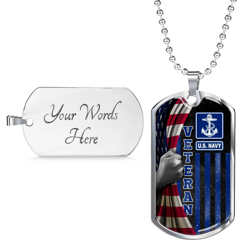 US Navy Veteran American Flag Dog Tag Pendant Necklace - US Navy Vietnam Veteran Gifts