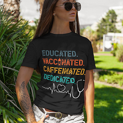 Alternative view of Educated Vaccinated Caffeinated Dedicated T-shirt - V-neck - Funny Nurse Gift Shirt - RN Shirt