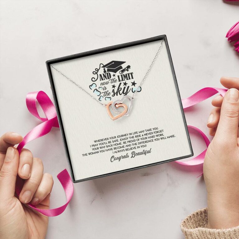 Congratulations Graduation And Now The Limit Is The Sky Graduated Interlocking Hearts Necklace
