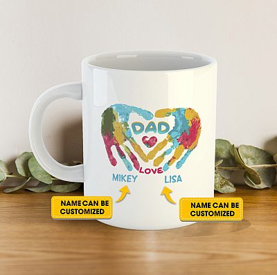 Personalized Hand Prints Dad Ceramic Coffee Mug - Beer Stein - Water Bottle - Color Changing Mug