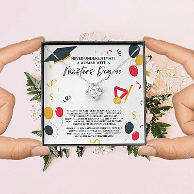 Masters Graduation Never Underestimate a Woman with Masters Degree Love Knot Pendant Necklace