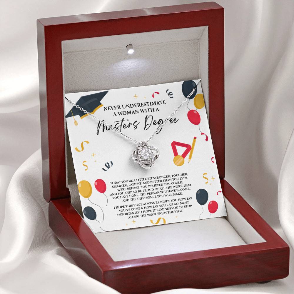 Masters Graduation Never Underestimate a Woman with Masters Degree Love Knot Pendant Necklace