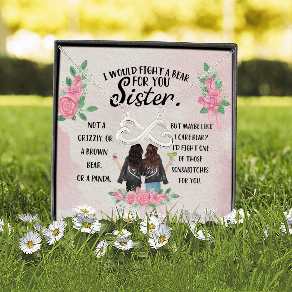 4P. Grzzly sister bear Infinity Heart Necklace (Silver) 2