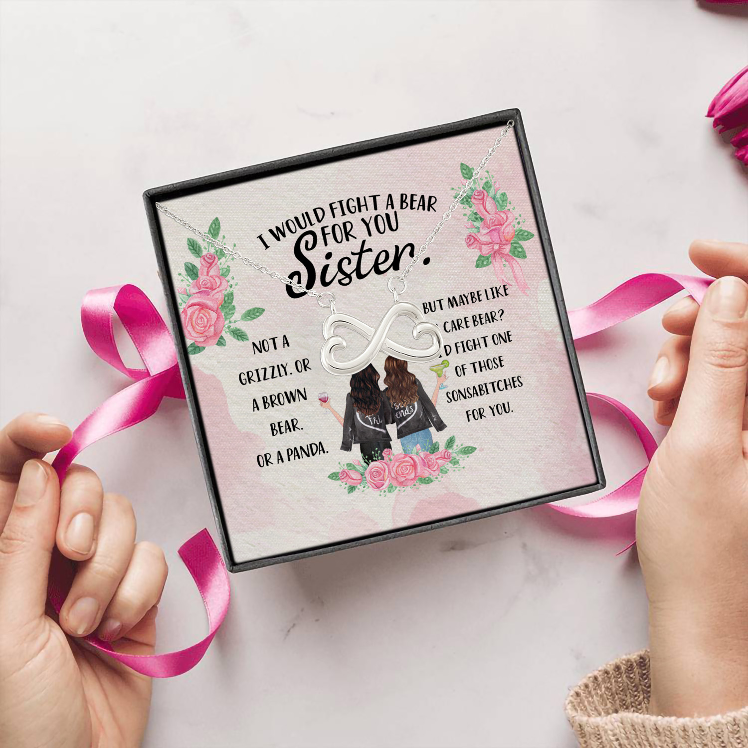 4P. Grzzly sister bear Infinity Heart Necklace (Silver) 5