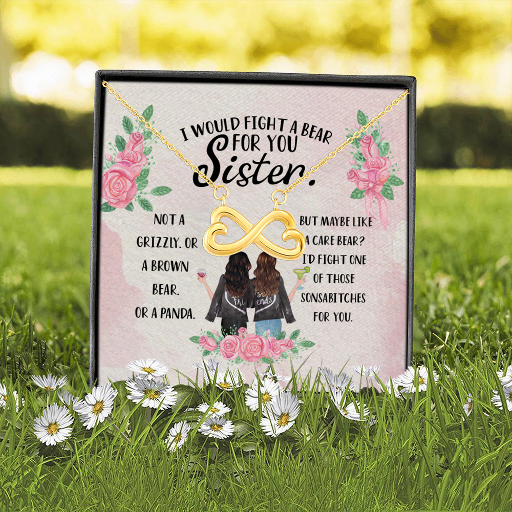 4P. Grzzly sister bear Infinity Heart Necklace (Gold) 2