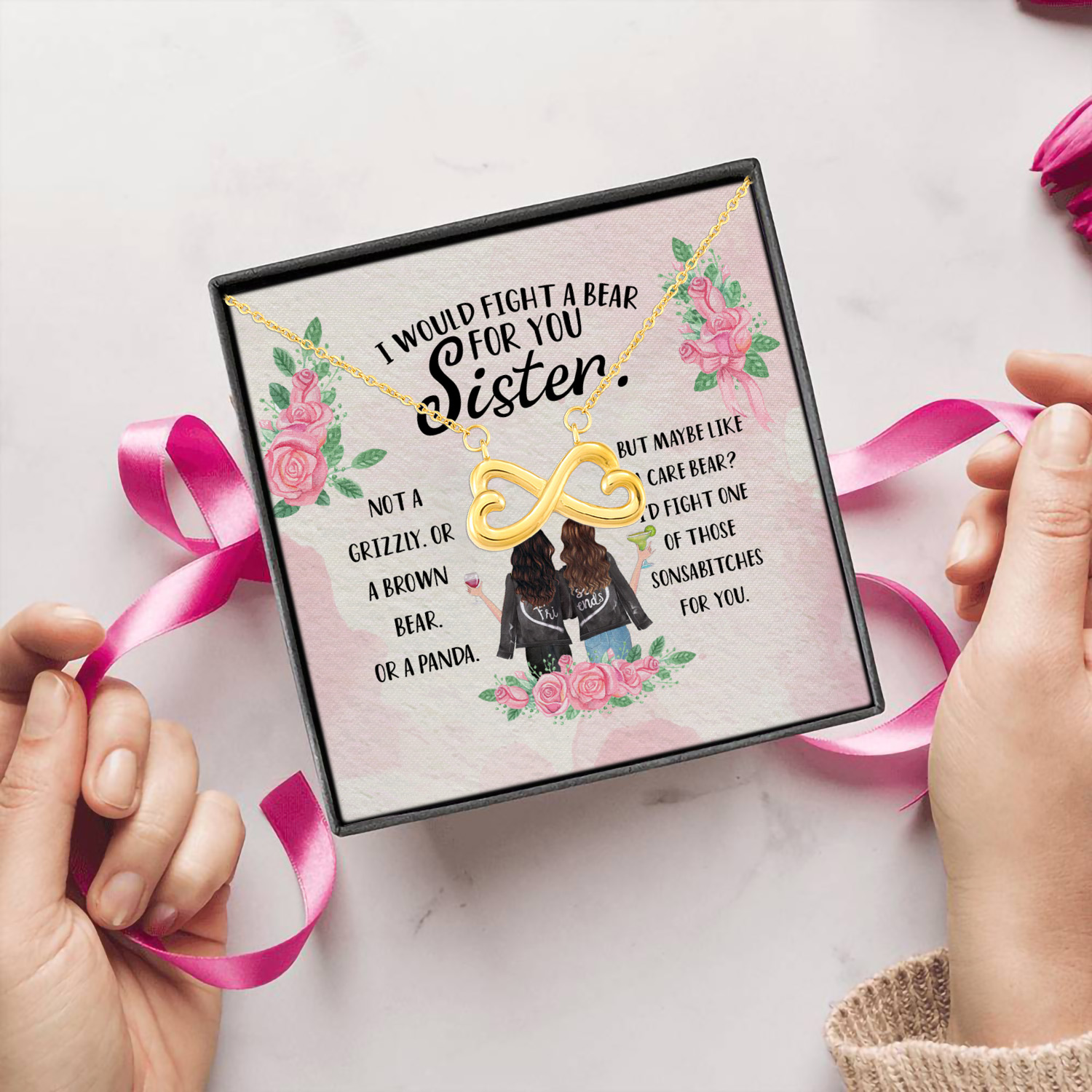 4P. Grzzly sister bear Infinity Heart Necklace (Gold) 5