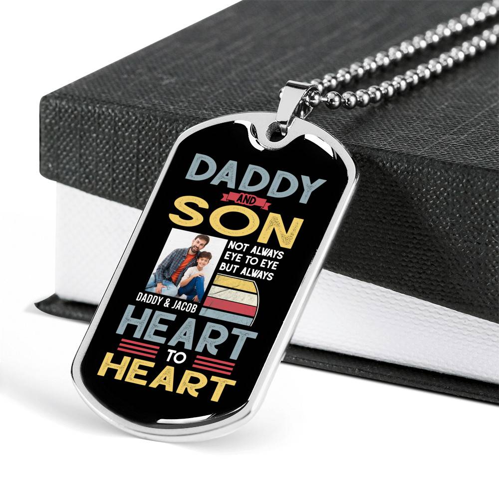 Personalized Photo Daddy and Son Not Always Eye to Eye but Always Heart to Heart Dog Tag Pendant Necklace