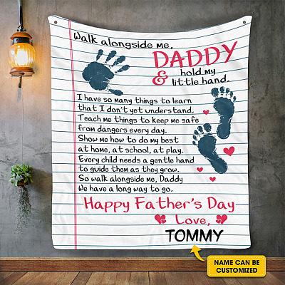 Alternative view of Personalized Walk Along Me Daddy Hold My Little Hand Happy Father's Day Fleece Blanket - Mink Blanket - Woven Blanket