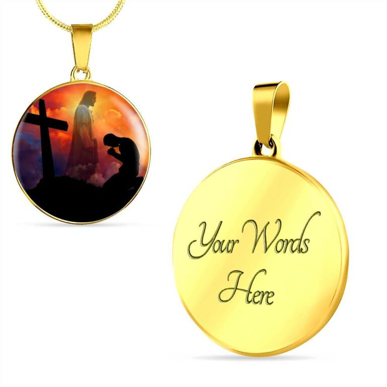Men Kneeling Before Jesus Cross Christian Circle Pendant Necklace - Bangle