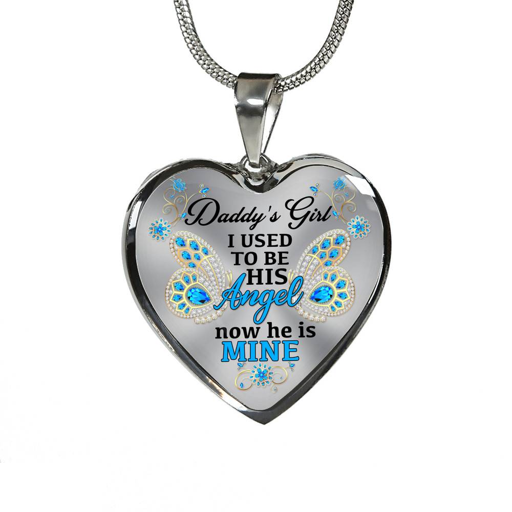Blue Butterfly Daddy's Girl I Used to Be His Angel Now He's Mine Memorial Heart Pendant Necklace - Bangle