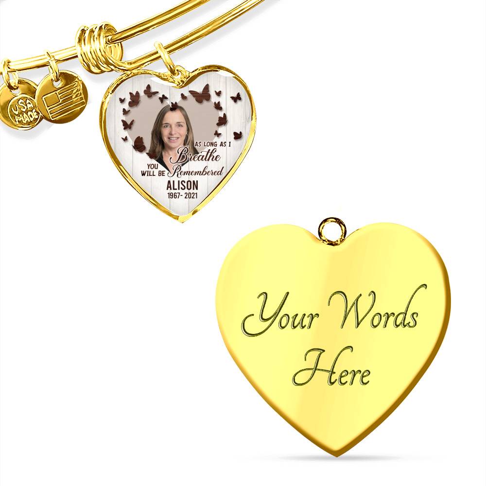 Personalized Photo In Loving Memory As Long As I Breathe You Will Be Remember Heart Pendant Necklace - Bangle