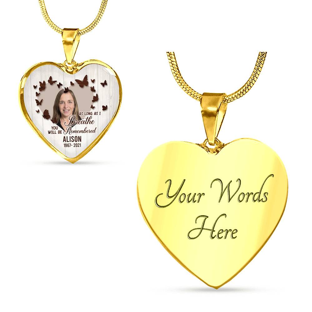 Personalized Photo In Loving Memory As Long As I Breathe You Will Be Remember Heart Pendant Necklace - Bangle