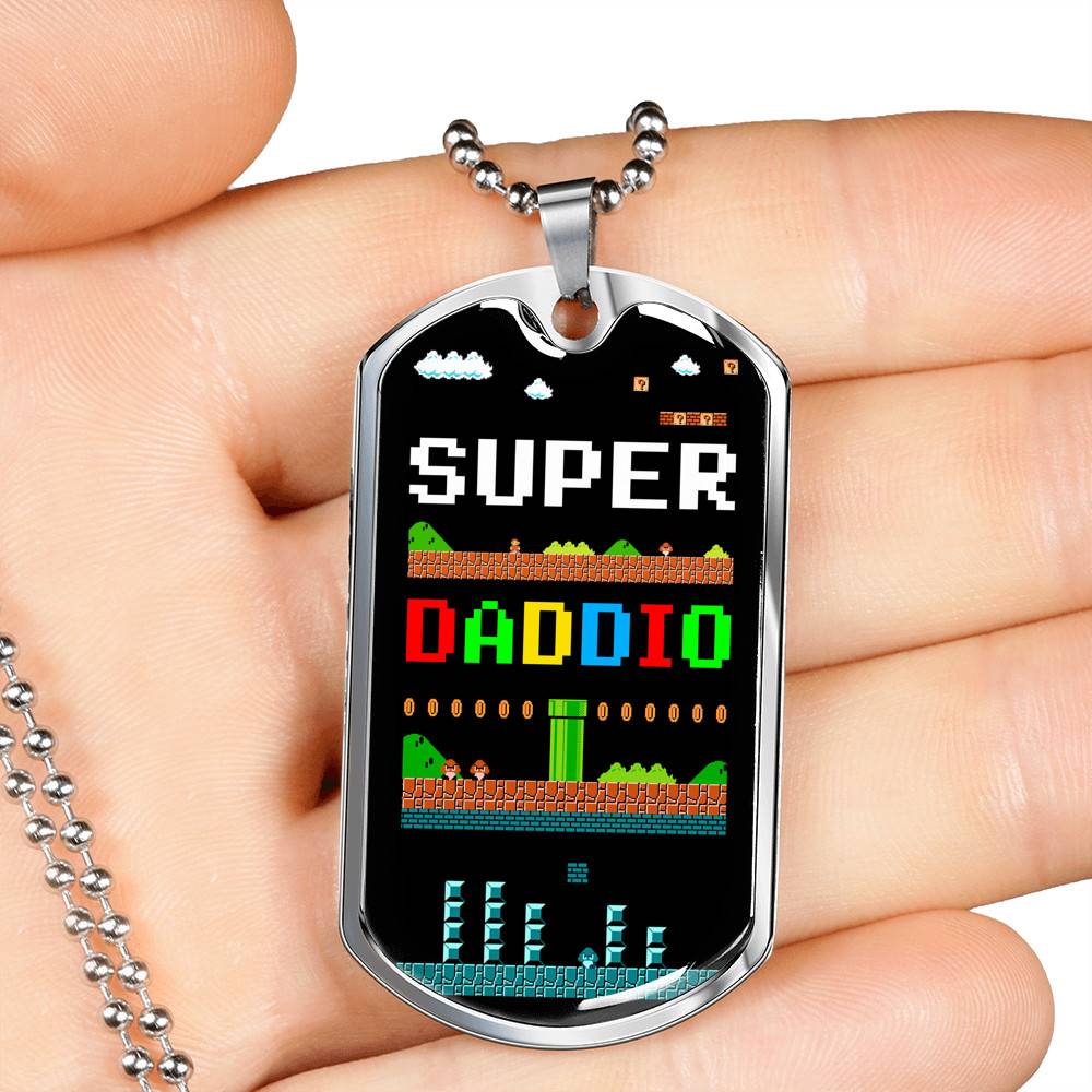 Super Daddio Dog Tag Pendant Necklace - Funny Gaming Dad Gift Super Daddio Dog Tag Pendant Necklace - Funny Gaming Dad Gift
