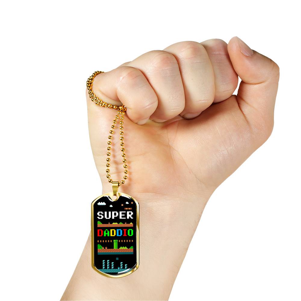 Super Daddio Dog Tag Pendant Necklace - Funny Gaming Dad Gift Super Daddio Dog Tag Pendant Necklace - Funny Gaming Dad Gift