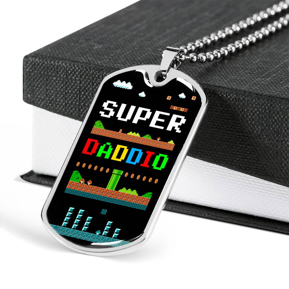 Super Daddio Dog Tag Pendant Necklace - Funny Gaming Dad Gift Super Daddio Dog Tag Pendant Necklace - Funny Gaming Dad Gift