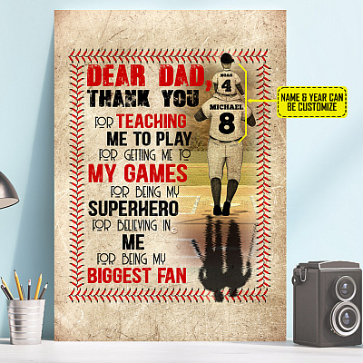 Personalized Dear Dad Thank you For Teaching Me Baseball Framed Canvas - Poster - Funny Baseball Dad Home Decor