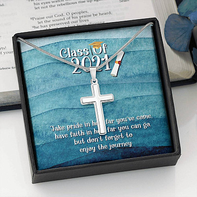 Take Pride In How Far You Can Come Class Of 2021 Artisan Crafted Cross Necklace - Graduation Gift Necklace