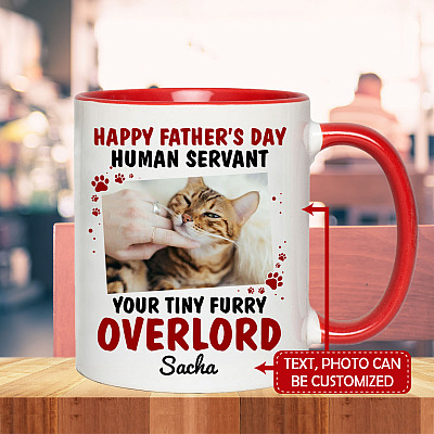 Personalized Photo Happy Father's Day Human Servant Your Tiny Furry Overlord Cat Dad Accent Coffee Mug