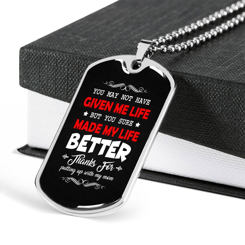 Bonus Dad Made My Life Better Thanks For Putting Up With My Mom Dog Tag Pendant Necklace Bonus Dad Made My Life Better Thanks For Putting Up With My Mom Dog Tag Pendant Necklace