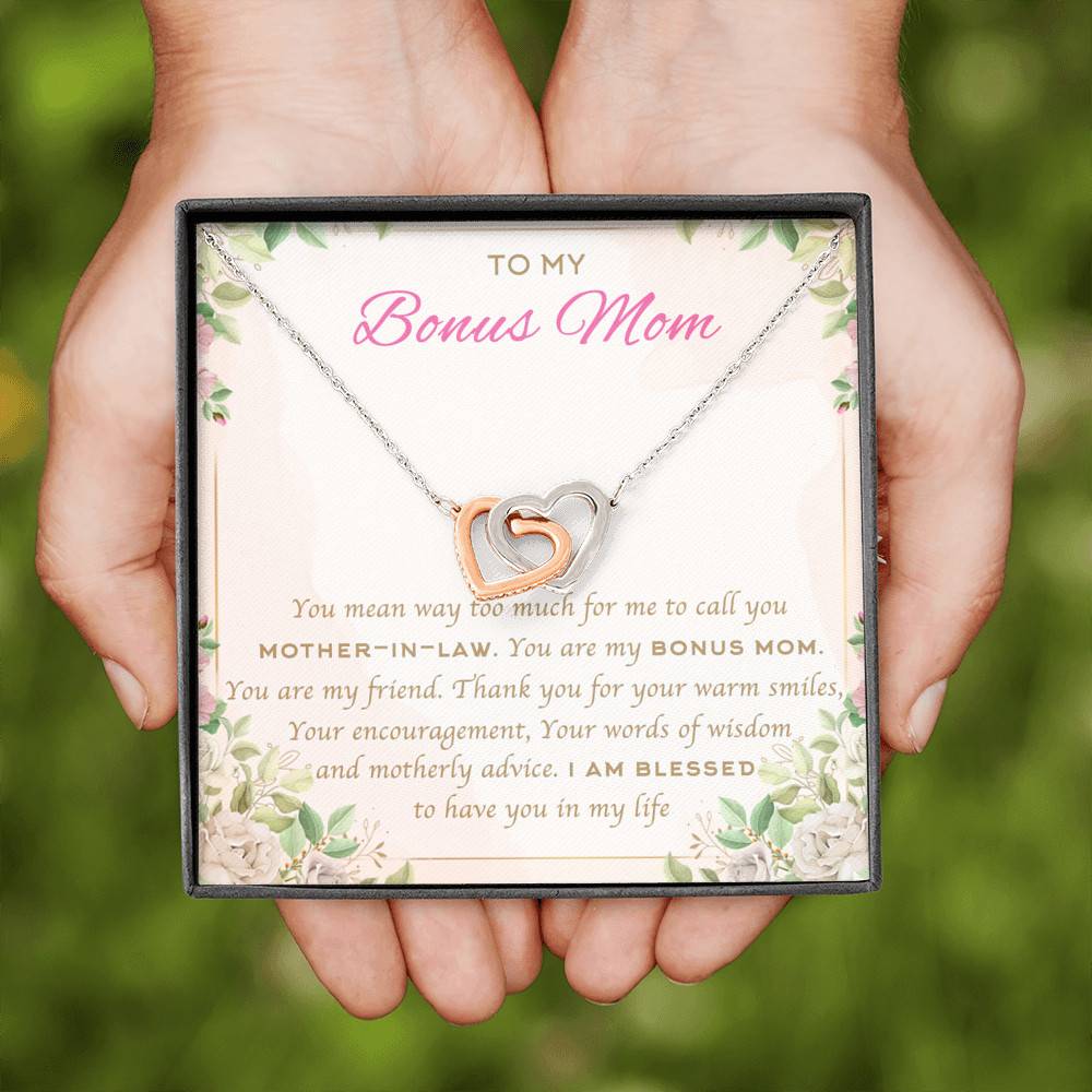To My Bonus Mom You Mean Way Too Much For Me To Call You Mother In Law Interlocking Hearts Pendant Necklace To My Bonus Mom You Mean Way Too Much For Me To Call You Mother In Law Interlocking Hearts Pendant Necklace
