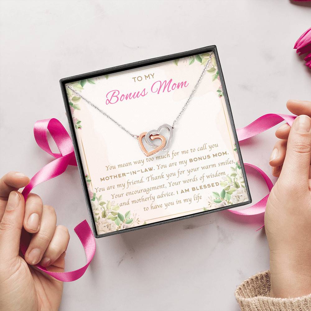 To My Bonus Mom You Mean Way Too Much For Me To Call You Mother In Law Interlocking Hearts Pendant Necklace To My Bonus Mom You Mean Way Too Much For Me To Call You Mother In Law Interlocking Hearts Pendant Necklace