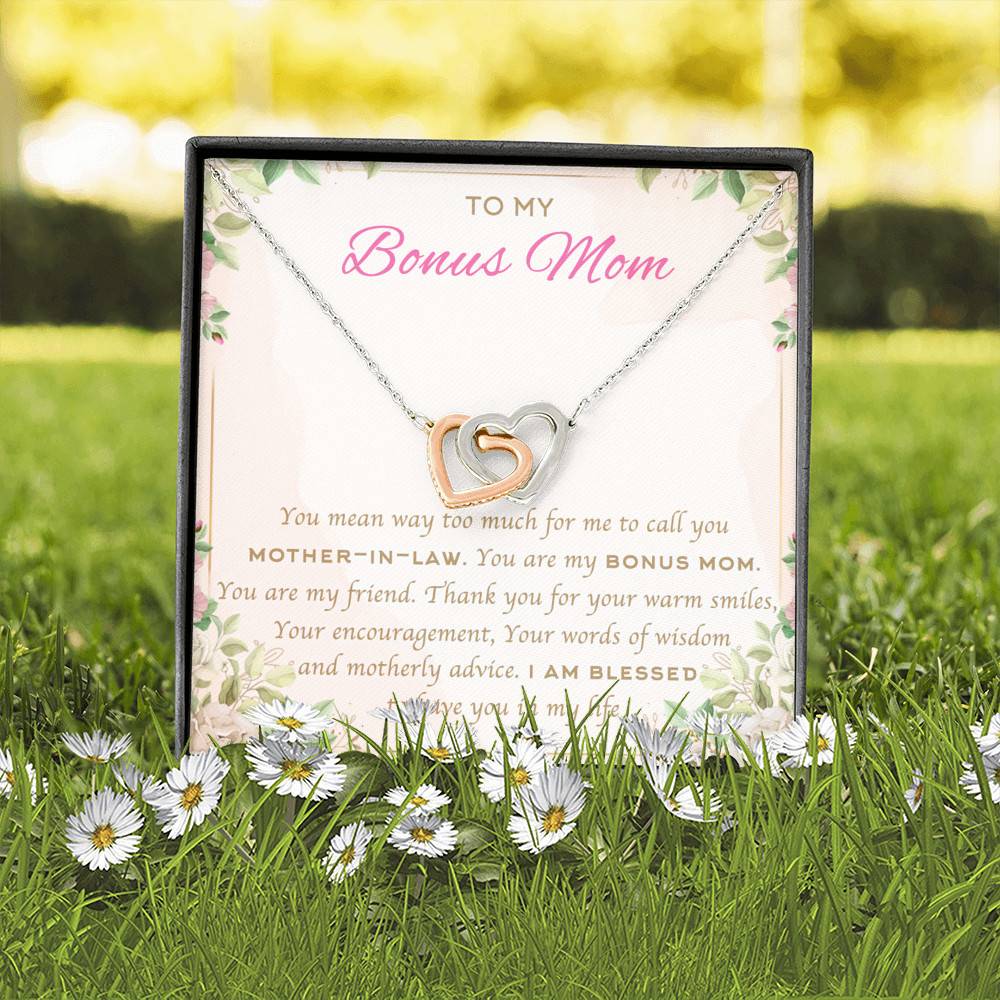 To My Bonus Mom You Mean Way Too Much For Me To Call You Mother In Law Interlocking Hearts Pendant Necklace To My Bonus Mom You Mean Way Too Much For Me To Call You Mother In Law Interlocking Hearts Pendant Necklace