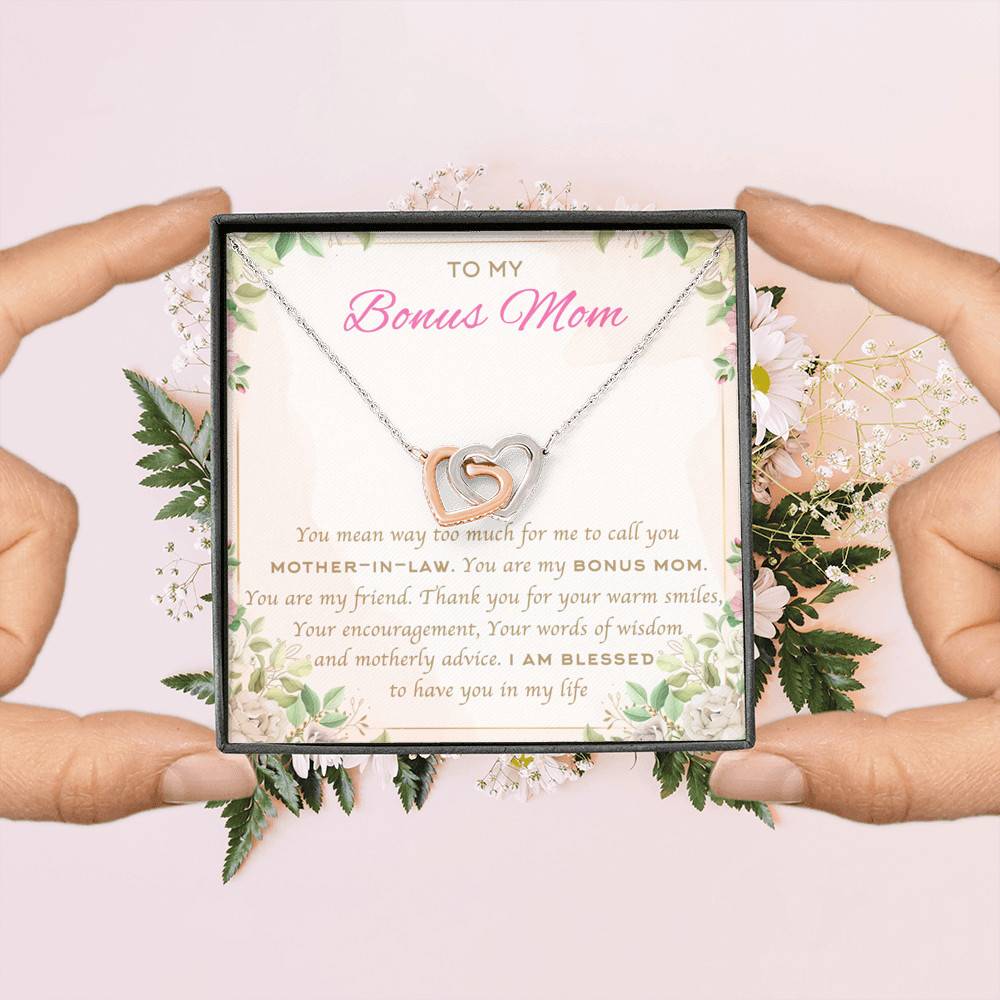 To My Bonus Mom You Mean Way Too Much For Me To Call You Mother In Law Interlocking Hearts Pendant Necklace To My Bonus Mom You Mean Way Too Much For Me To Call You Mother In Law Interlocking Hearts Pendant Necklace