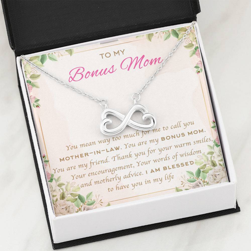 To My Bonus Mom You Mean Way Too Much For Me To Call You Mother In Law Infinity Heart Pendant Necklace To My Bonus Mom You Mean Way Too Much For Me To Call You Mother In Law Infinity Heart Pendant Necklace