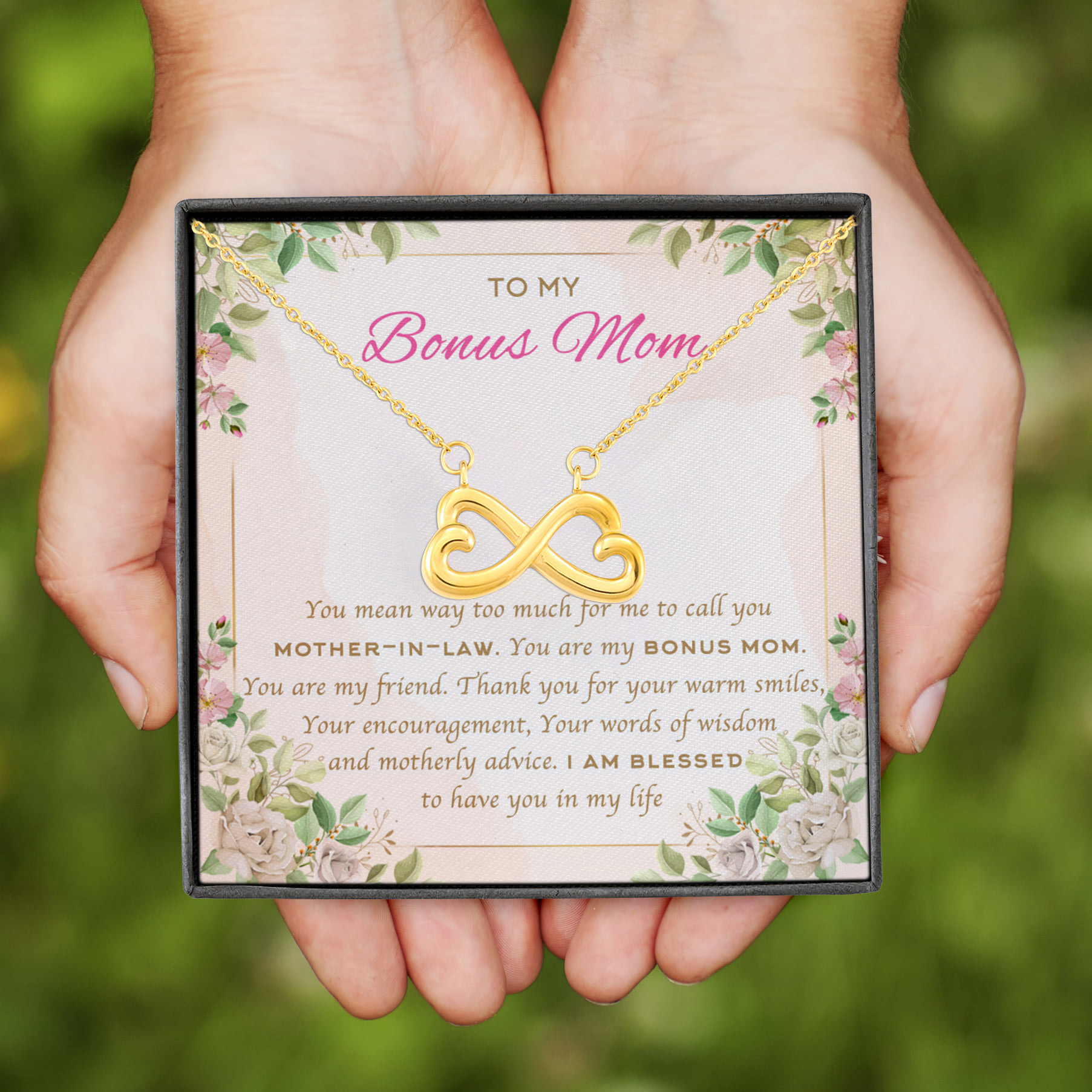 5VT. To My Bonus Mom You Mean Way Infinity Heart Necklace (Gold)