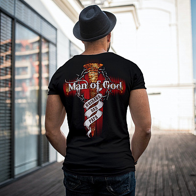 Alternative view of Man Of God Husband Dad Papa Jesus Cross With Crown Of Thorns Print On Back T-Shirt - Plain Front Shirt