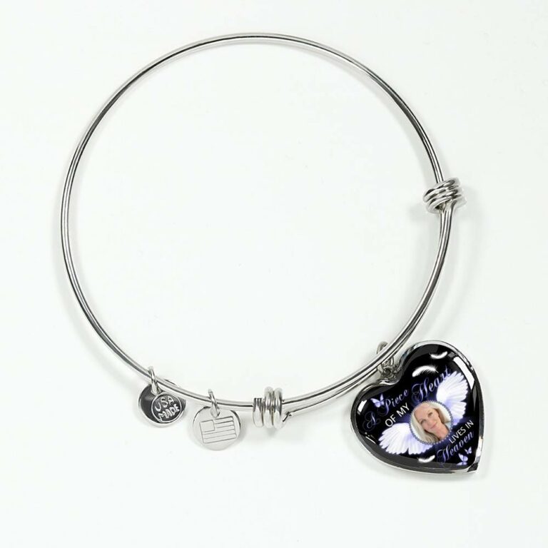 Personalized Custom Photo A Piece Of My Heart Lives In Heaven Memorial Heart Pendant Necklace - Bangle