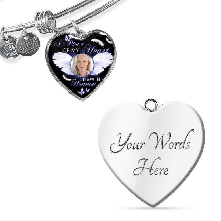 Personalized Custom Photo A Piece Of My Heart Lives In Heaven Memorial Heart Pendant Necklace - Bangle